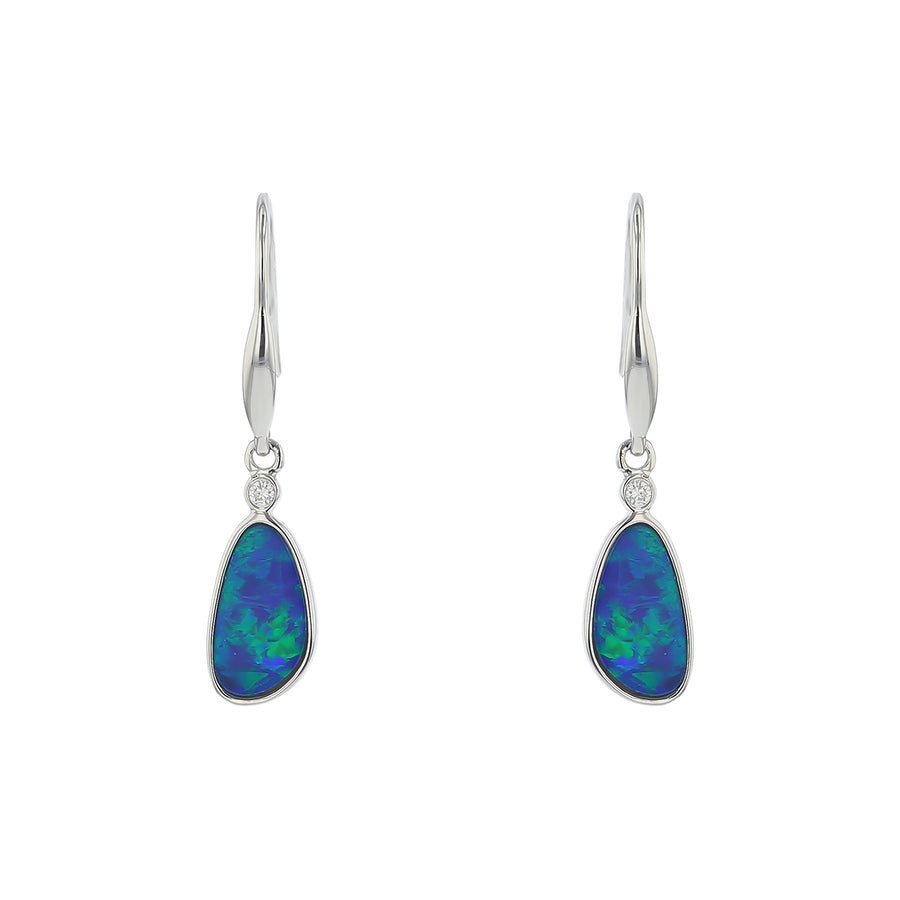 Opal Doublet and Drop Diamond Earrings in 14K White Gold