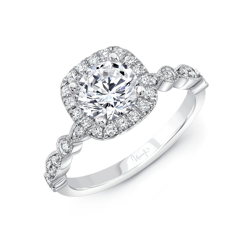 Diamond Halo Semi-Mount Ring in 14K White Gold for Round or Cushion Center, Size 6.25