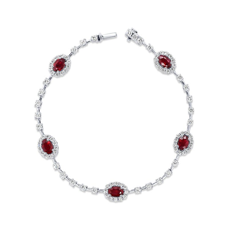 Tennis 2.07ct Diamonds and 2.98ct Oval Ruby Halo Bracelet in 18K White Gold, 7"