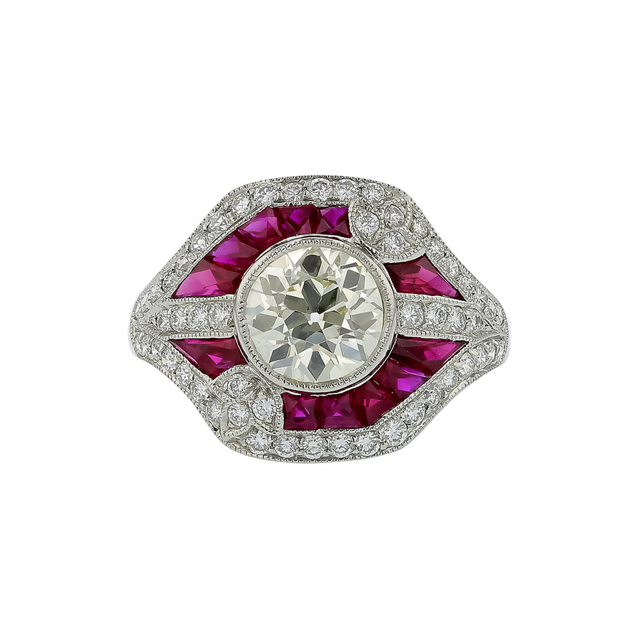 1.70ct Round Diamond , 3.01ct Ruby and 0.59ct Diamond Ring in Platinum, size 7