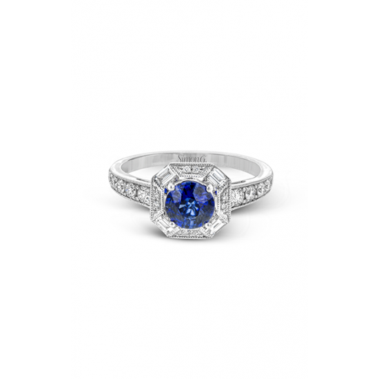 1.18ct Sapphire and 0.45ct Round and Straight Baguette Diamond Halo Ring in 18K White Gold, Size 6.5