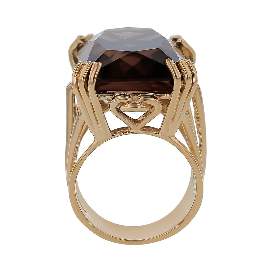 19.46ct Emerald Cut Smoky Quartz Freeform Ring in 14K Yellow Gold, size 5.5 8.10dwt