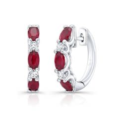 Round Diamonds and Oval Rubies Alternating Hoop Earrings in 18K White Gold