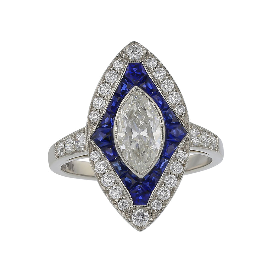 1.02ct Marquise Diamond 0.60ct Sapphires and 0.40ct Diamond Ring in Platinum, Size 6.5