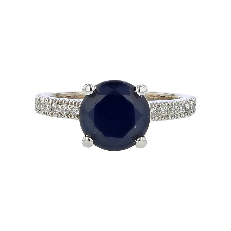 8.9mm Dark Blue Sapphire and 0.16ct Diamond Ring in 18K White Gold, size 6.75
