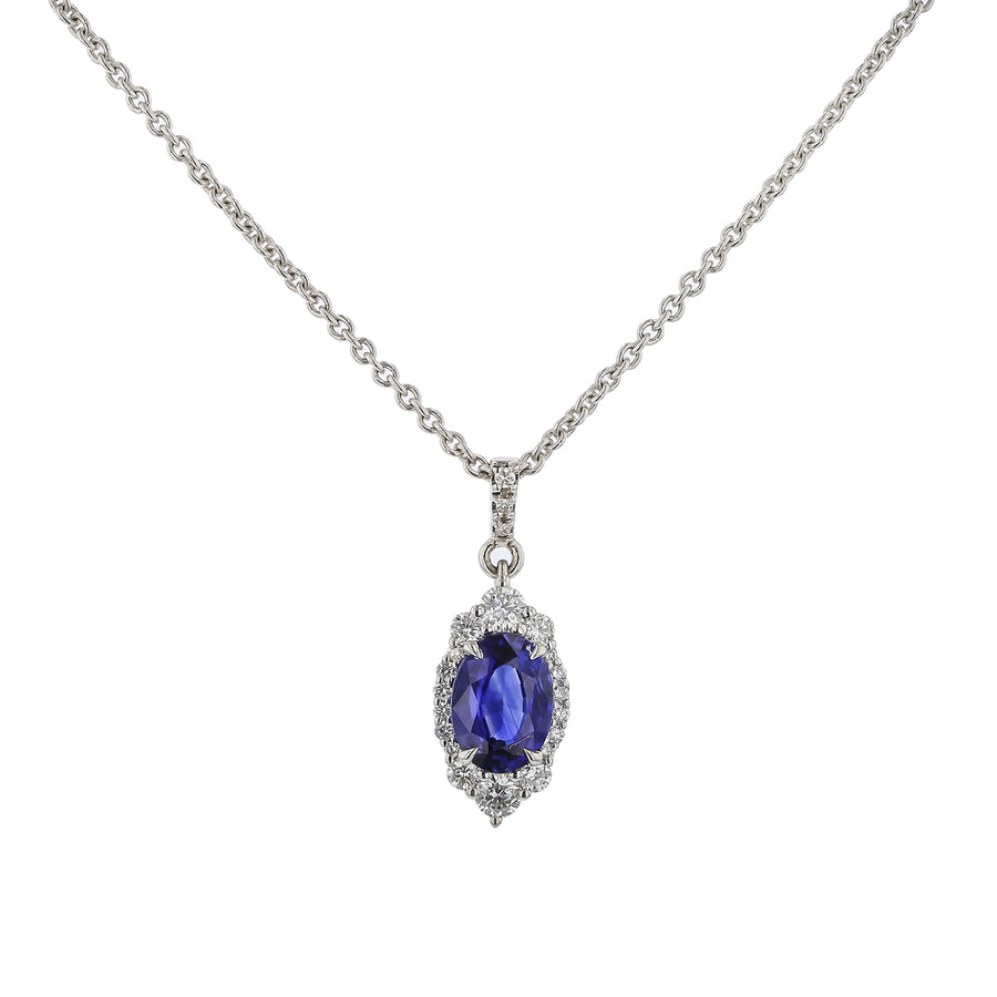 Petals 0.28ct Round Diamond and 1.07ct Oval Blue Sapphire Pendant in 18K White Gold, 18" chain