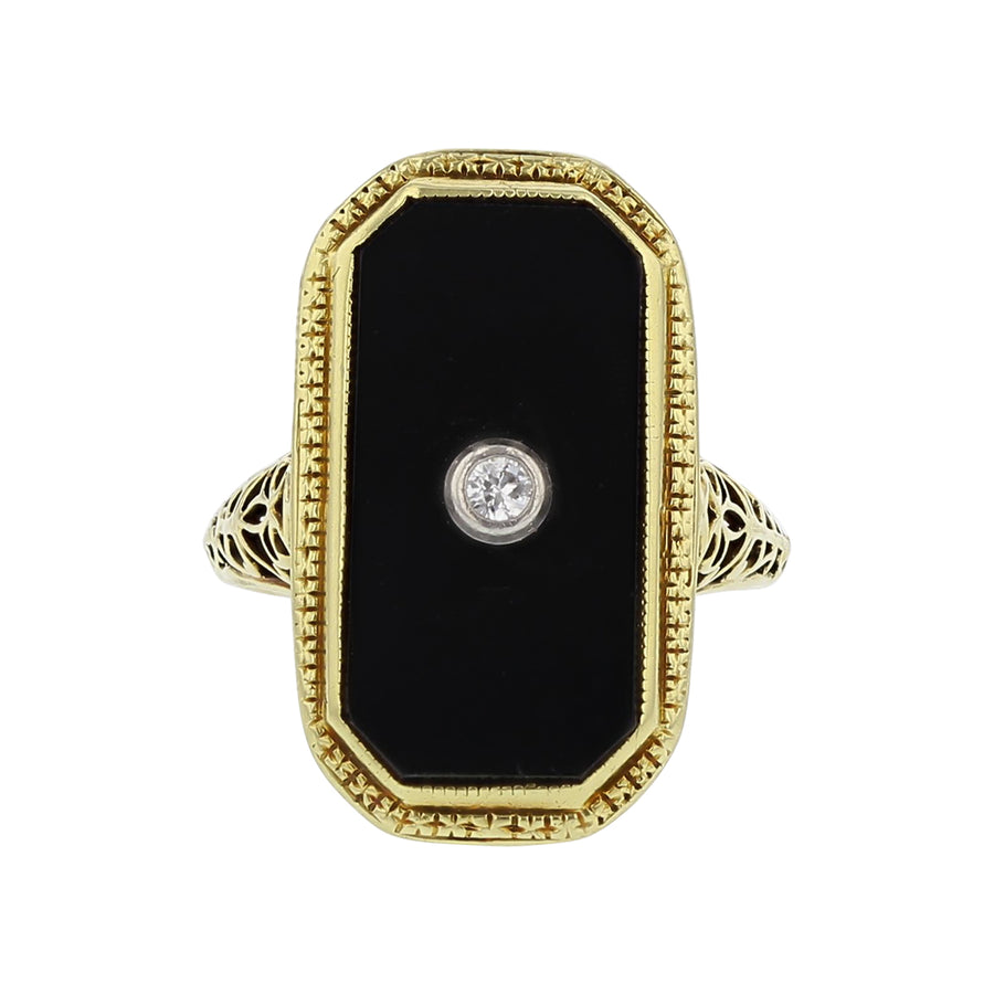 Onyx and 0.10ct Round Diamond Art Deco Ring in 14K Yellow Gold, size 6.5, Circa 1930s