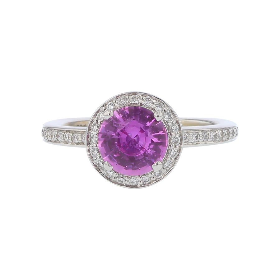 1.22cts Sri Lankan Round Pink Sapphire and 0.31ct Diamond Halo in Platinum, Size 5
