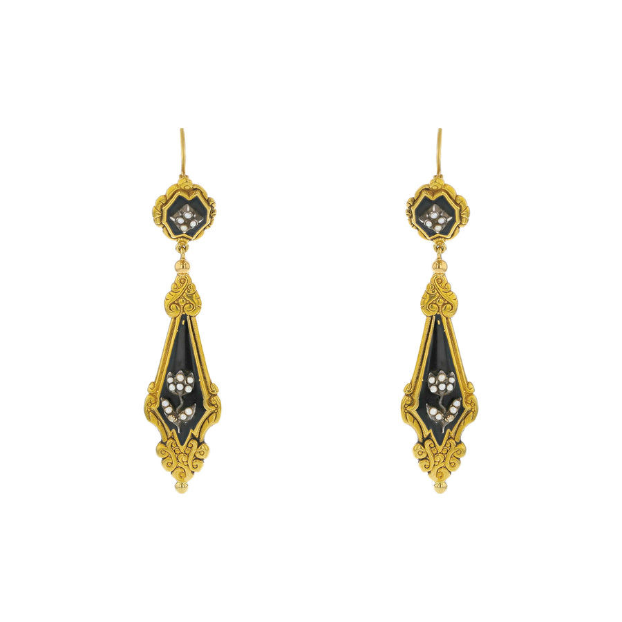 Victorian Seed Pearl Flower Motif Drop Earrings in 18K Yellow Gold and Black Enamel