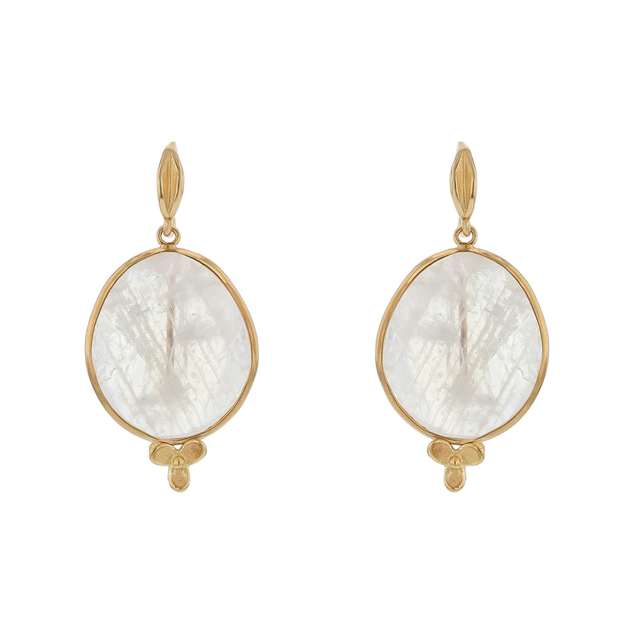 Rainbow Moonstone Flower Drop Earrings in 18K Yellow Gold
