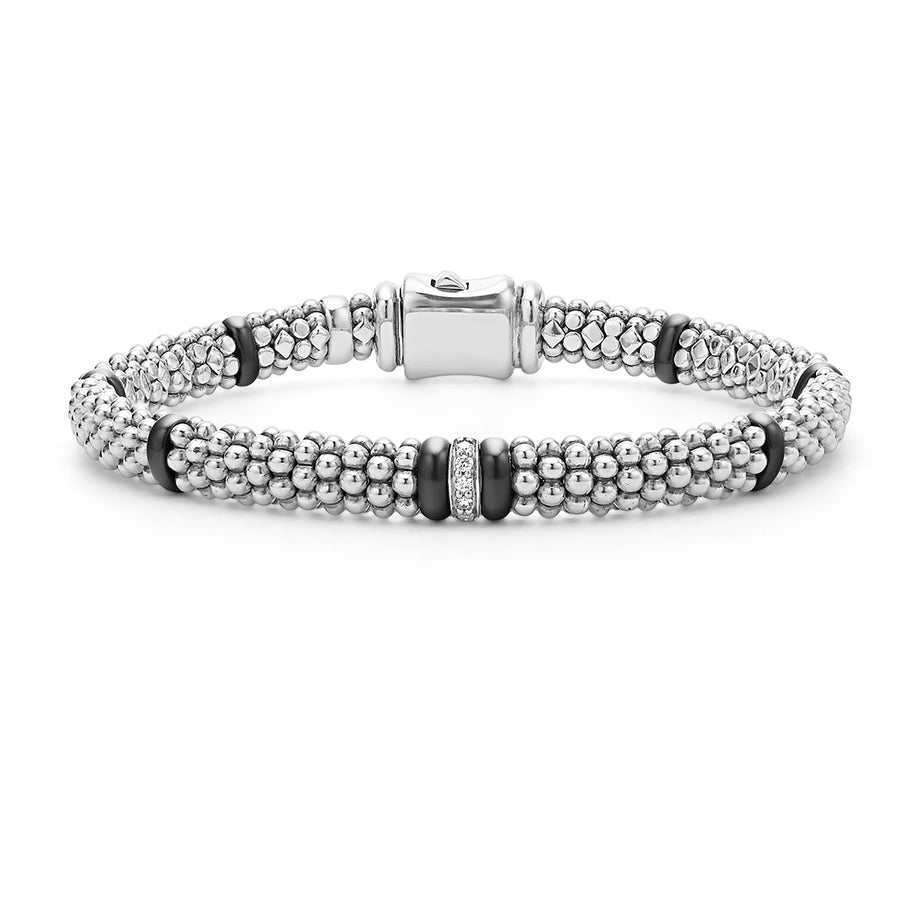 A Black Caviar rope bracelet with sterling silver and black accents, featuring a diamond-encrusted section and a silver clasp.