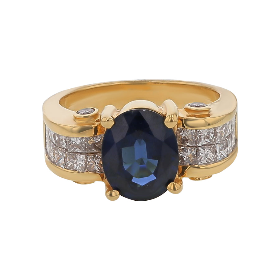 2.85ct Oval Sapphire and 1.65ct Princess Cut Diamond Ring in 18K Yellow Gold Circa 1970s, Size 6.5