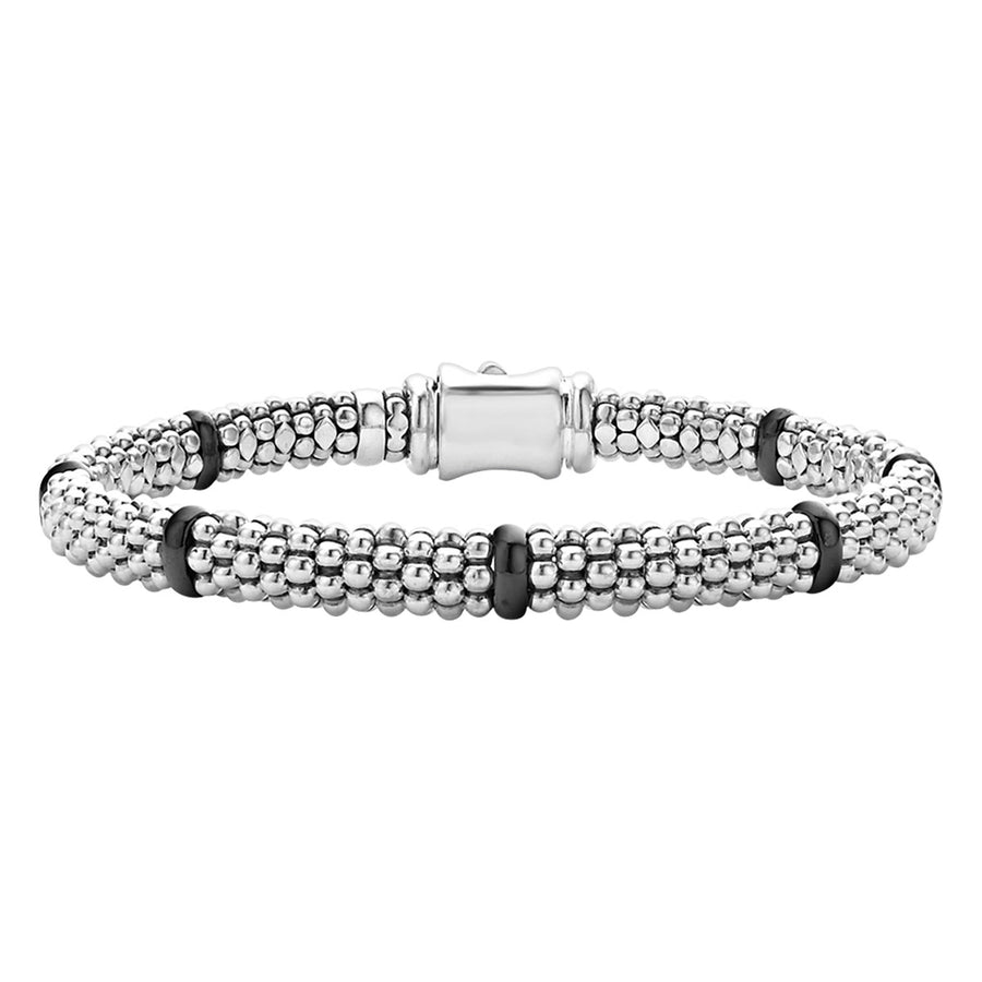 Black Caviar 6mm 7 Station Beaded Rope Bracelet in Sterling Silver and Ceramic, size 6.5