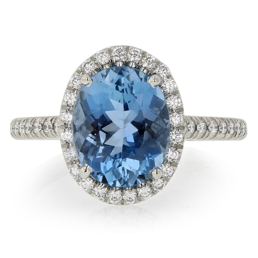 2.72Ct Aquamarine and 0.34Ct Diamond Halo Ring in Platinum, Size 6.5