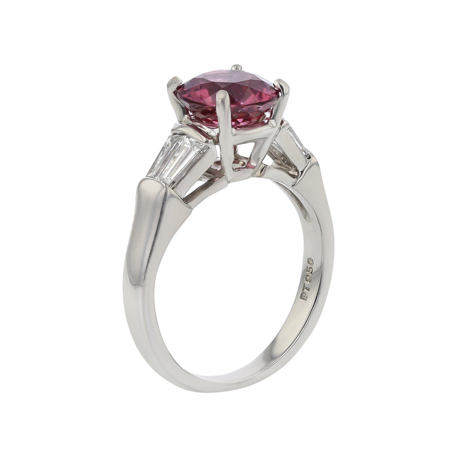 2.49ct Round Malaya Garnet and 0.40cts Tapered Baguette Diamonds Ring in Platinum, Size 6