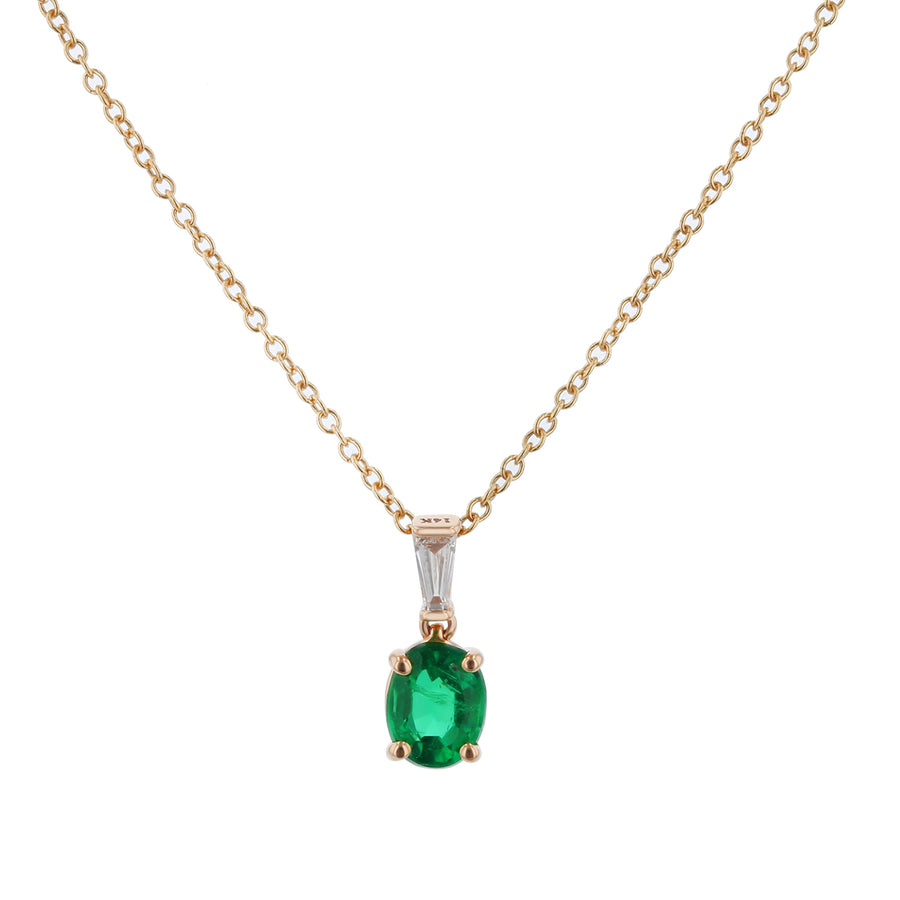 0.70ct Zambian Oval Emerald and Tapered Baguette Diamond 0.09ct Pendant in 14k Yellow Gold, 18" Chain