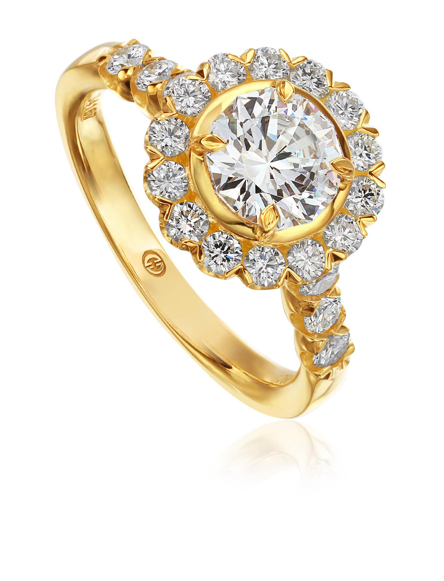 0.92ct Diamond Halo Ring Semi Mount for 1.00ct Round Center in 18K Yellow Gold, size 6.25