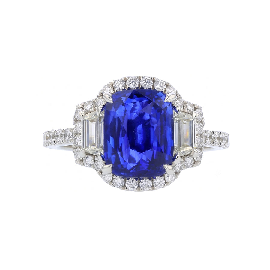 4.18ct Cushion Blue Sapphire, 0.55ct Trapezoid Diamond and 0.66ct Round Diamond 3 Stone Ring in 18K White Gold, size 6.5