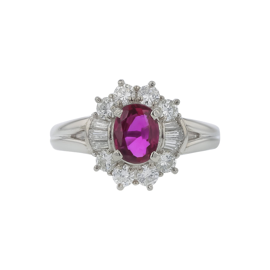 0.68ct Oval Ruby and 0.92ct Diamond Halo Ring in Platinum, size 5.75