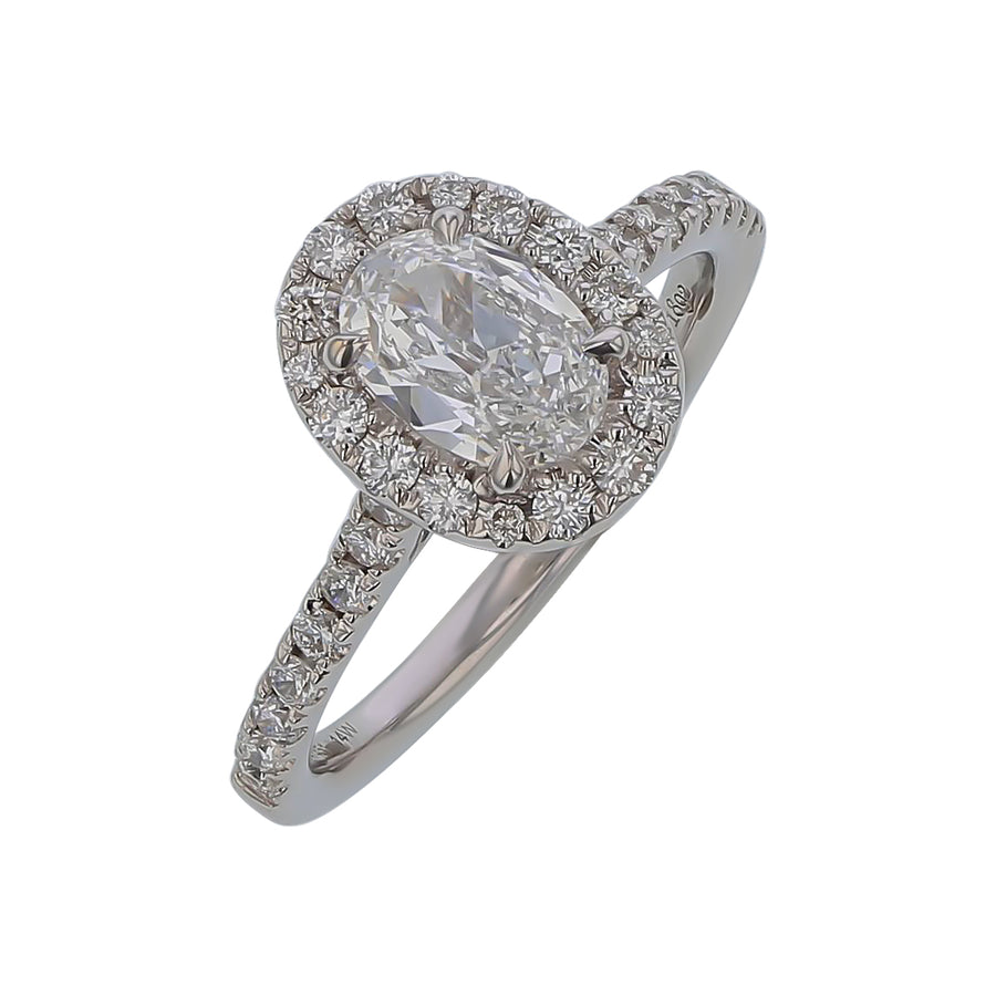 0.70Ct Oval Cut Diamond and 0.41Ct Round Diamond Halo Ring in 14K White Gold, Size 5.75