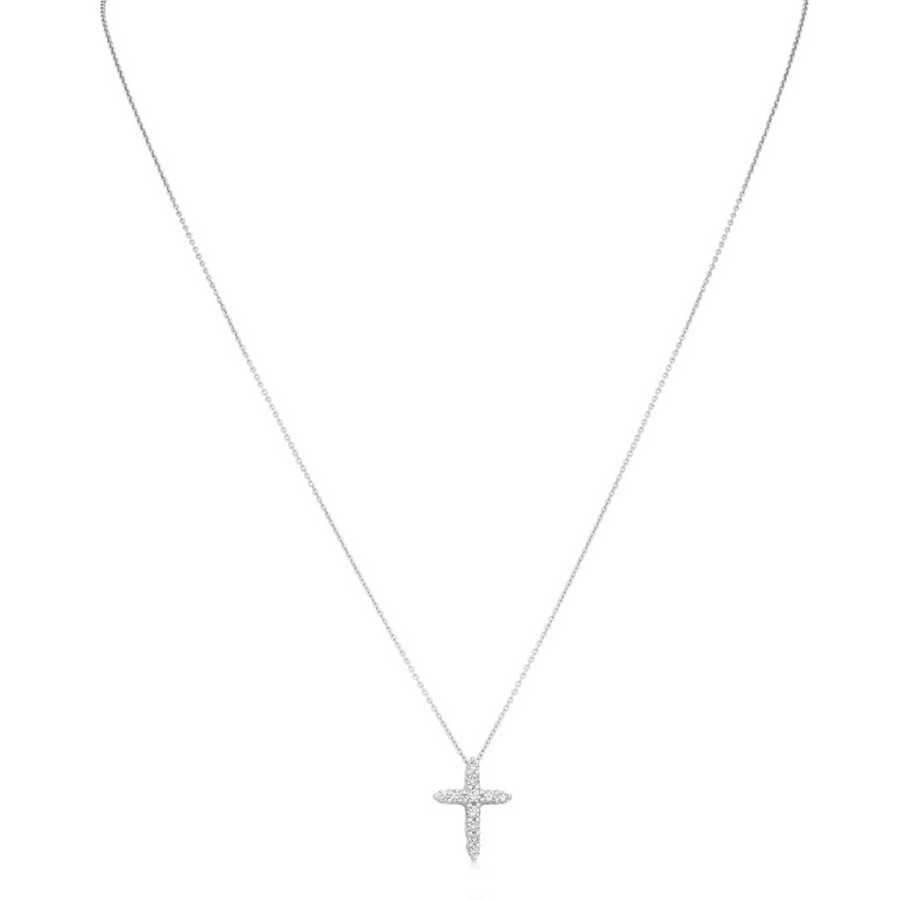 A 18K white gold cross pendant adorned with round diamonds, accompanied by a matching chain.