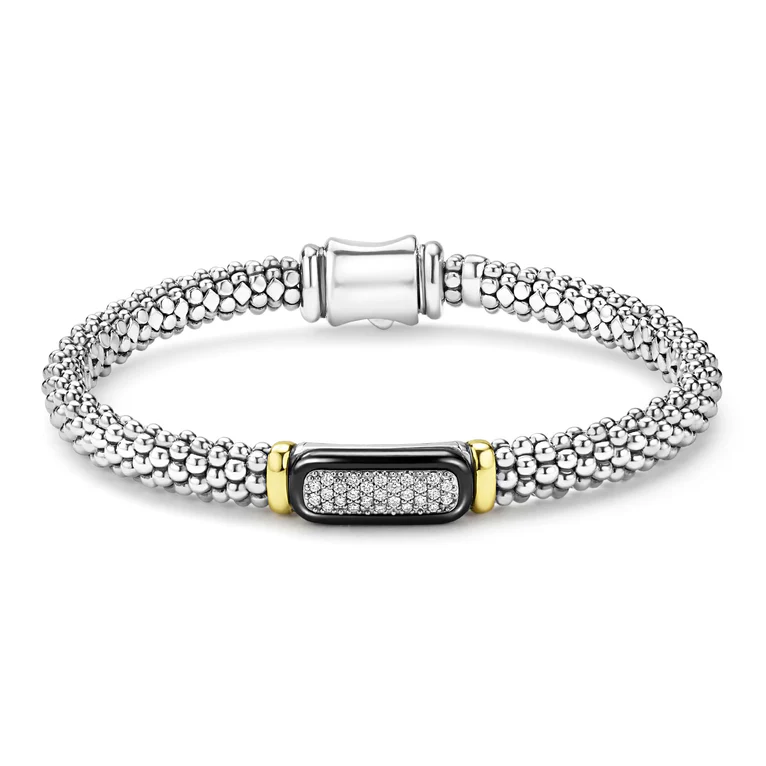 Black Caviar 0.16ct Diamond Pave Rope Bracelet in Sterling Silver, 18K Yellow Gold and Ceramic, size 7