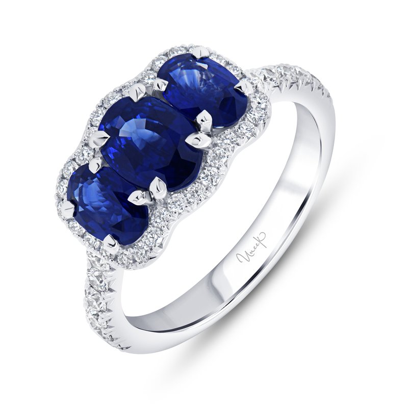 Precious 2.34ct Oval Sapphire and 0.55ct Diamond 3-Stone Halo Ring in 18K White Gold, size 6.5