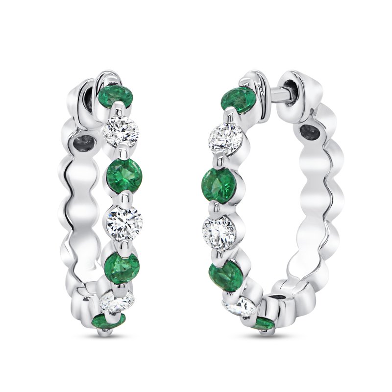 Axis 0.35ct Round Emerald and 0.29ct Diamond Huggie Hoop Earrings in 18K White Gold