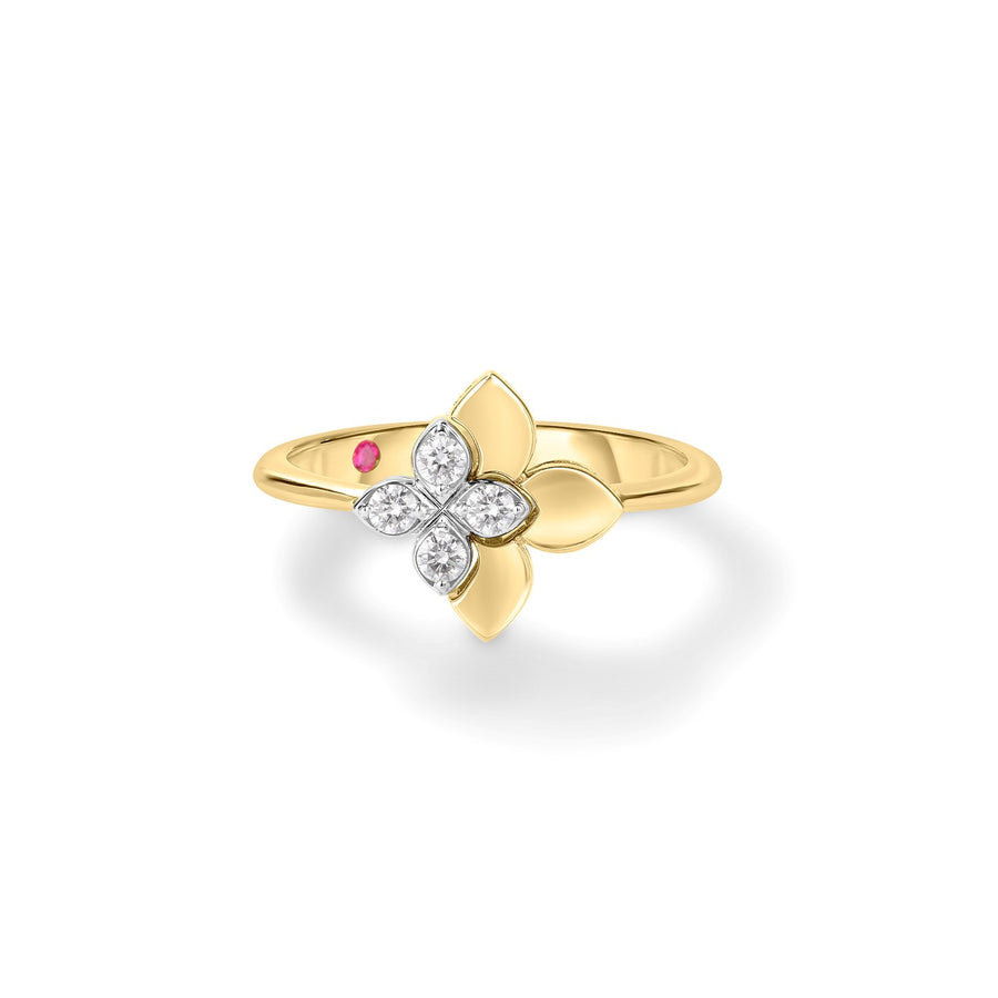 Tiny Princess 0.09ct Diamond Flower Ring in 18K White and Yellow Gold, size 6.5