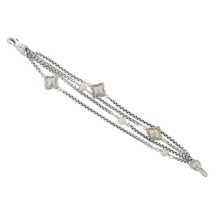 D Y Quatrefoil Cultured Pearl Multi Strand Bracelet in 18k Yellow Gold and Sterling Silver 7.25"