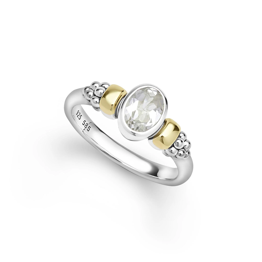 Signature Caviar White Topaz 8x6mm Ring in 14K Yellow Gold and Sterling Silver, size 7