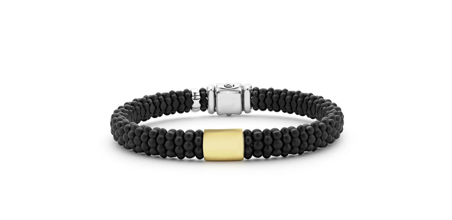 Black Caviar Gold Station Rope Bracelet in 18K Yellow Gold, Sterling Silver and Matte Black Ceramic, Size 7