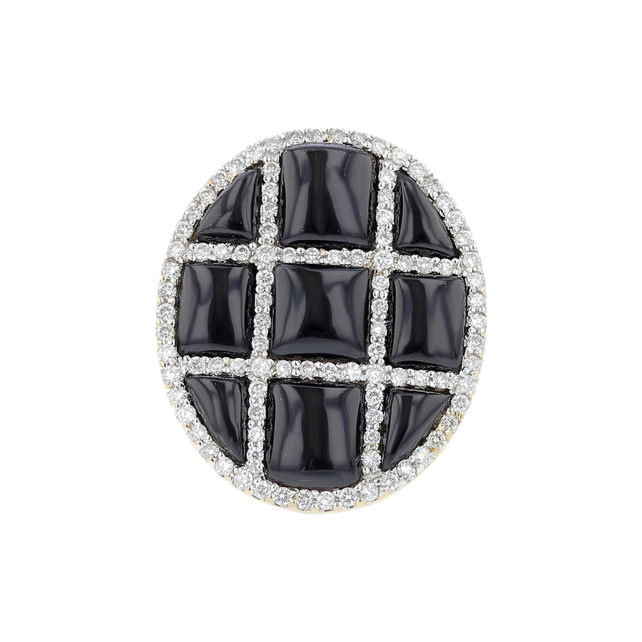 Black Onyx and Diamond Flat Oval Ring in 14K Yellow Gold, size 6.5