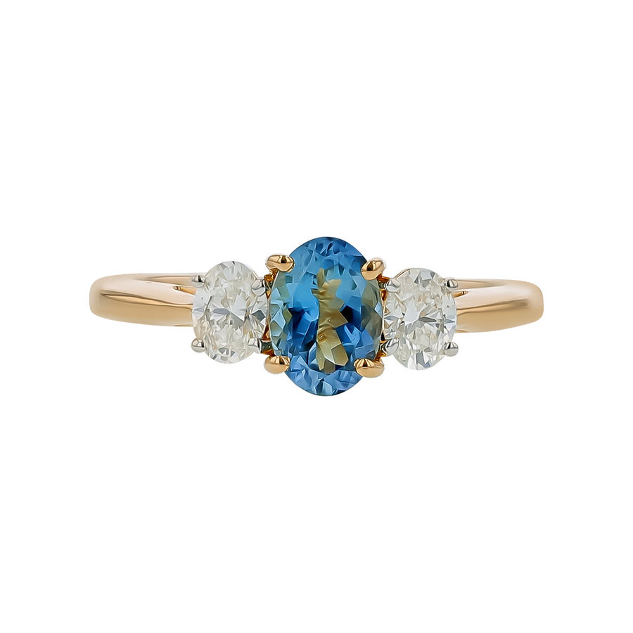 0.70ct Oval African Aquamarine and 0.46ct Oval Diamond 3 Stone Ring in 18K Yellow Gold, size 6