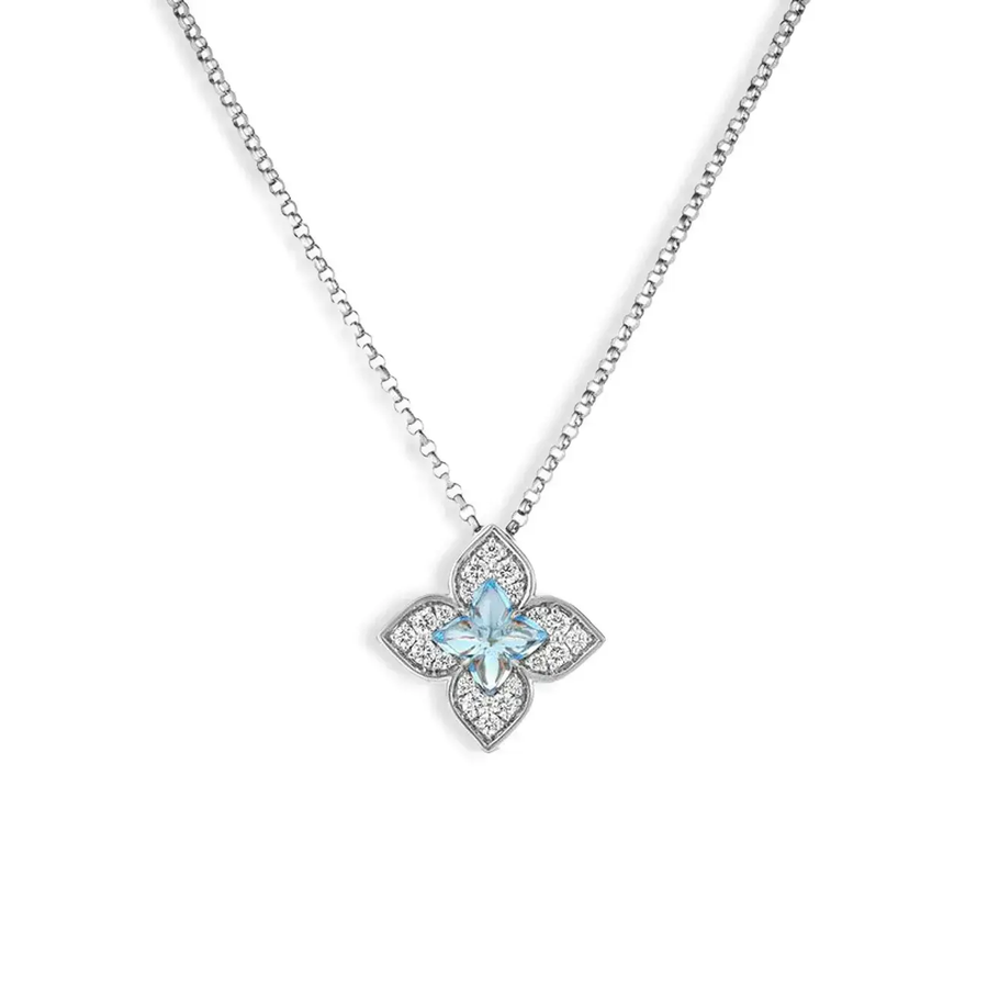 Venetian Princess 0.75ct Blue Topaz and 0.17ct Diamond Flower Pendant in 18K White Gold, 17" chain