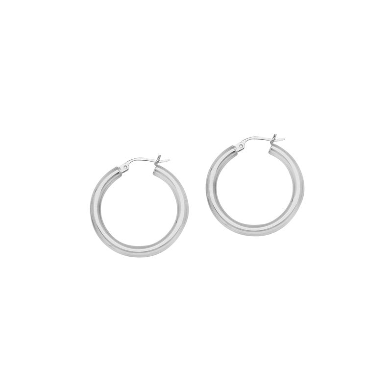 A pair of round tube polished hoop earrings in 14K white gold, with a diameter of 3x20mm.