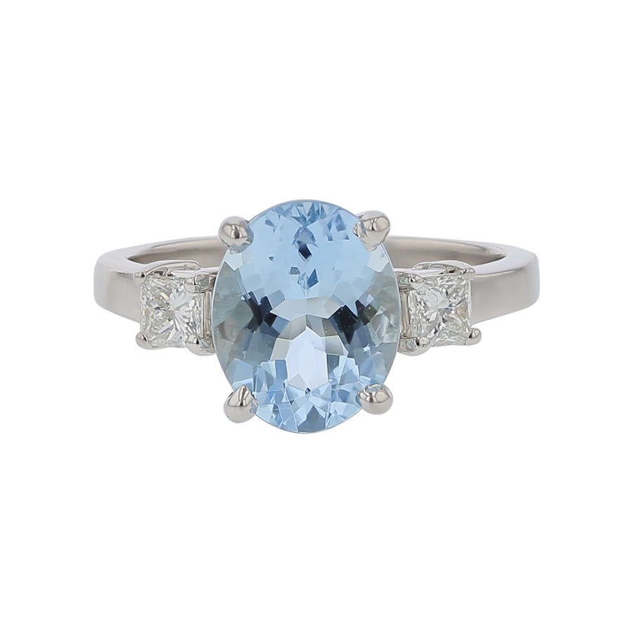 2.24ct Oval African Aquamarine and 0.32ct Princess Cut Diamonds Three Stone Ring in Platinum, Size 6