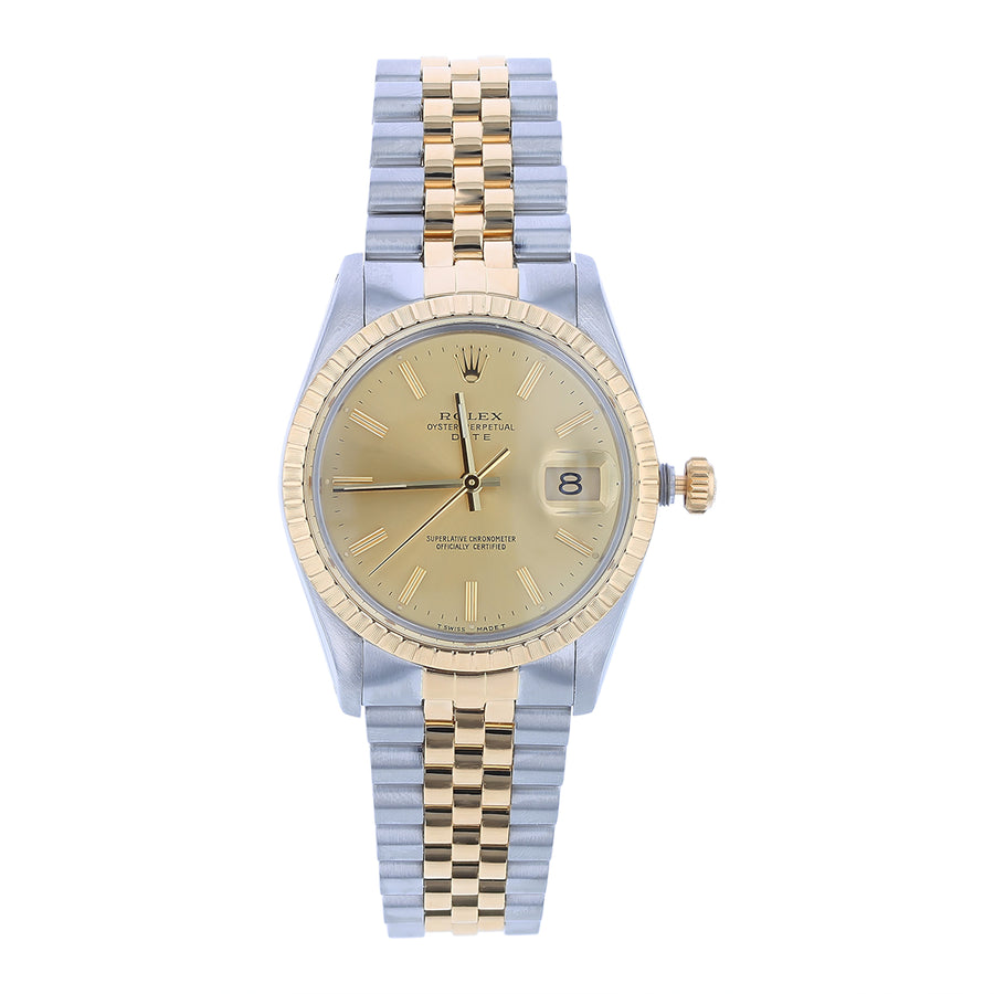 34mm Rolex Date Watch with Champagne Dial in Stainless Steel and 18K Yellow Gold, Bracelet