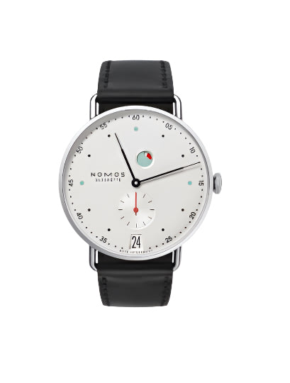 37mm Metro Date Power Reserve Watch with White Silver-Plated Dial in Stainless Steel, Strap