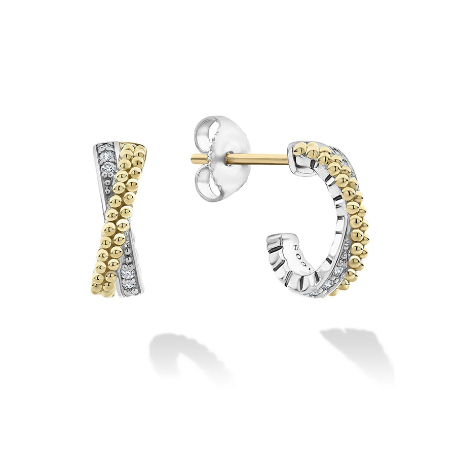 Caviar Lux 0.08ct Diamond X Crossover 13mm Hoop Earrings in 18K Yellow Gold and Sterling Silver