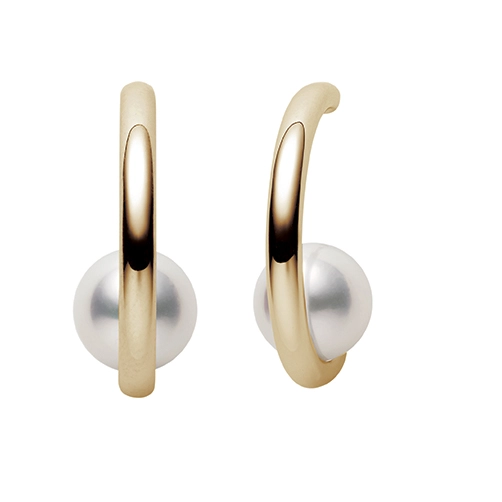 A pair of Akoya pearl semi-hoop earrings set in 18K yellow gold.