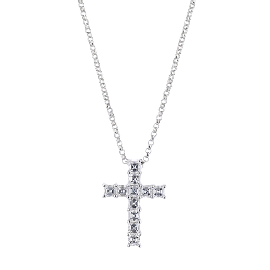 0.61ct Asscher Cut Diamond Cross Pendant in 18K White Gold 15-16"