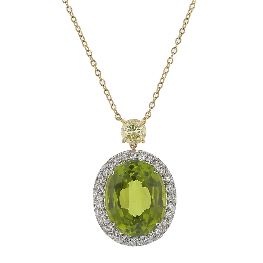 10.72ct Peridot, 0.89ct Diamond and 0.54ct Yellow Diamond Halo Pendant in 18K Yellow and White Gold, on 18" chain