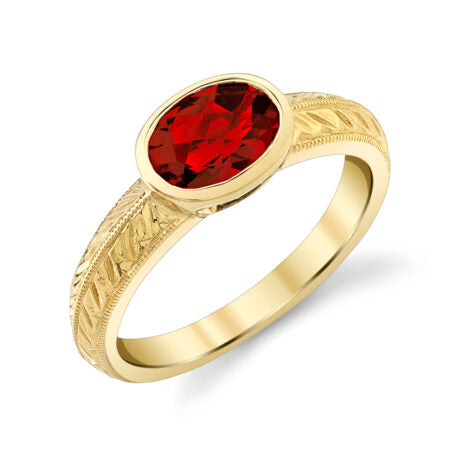 14K YELLOW GOLD 1 BEZEL SET 8X6MM OVAL CHECKERBOARD CUT GARNET=1.41CT RING