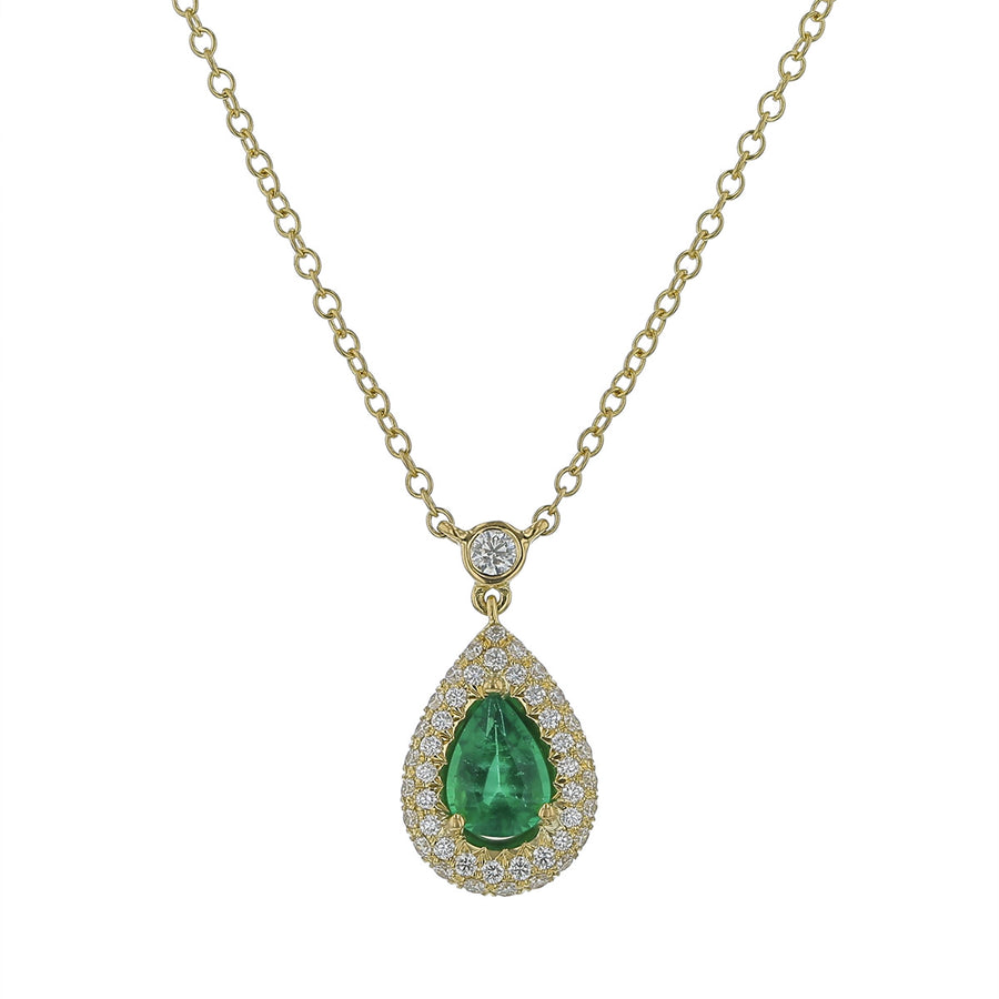 0.58ct Pear Shaped Emerald and 0.31ct Diamond Halo Necklace in 18K Yellow Gold, 16"