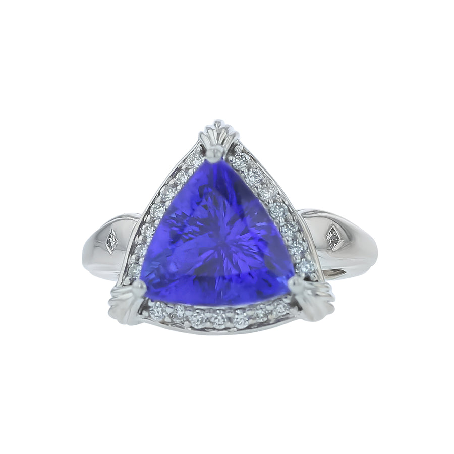 5.01ct Trillion Tanzanite and 0.23ct Diamond Halo Ring in 18K White Gold, Size 5.5