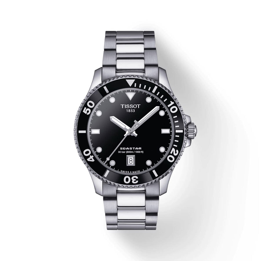 40mm Seastar 1000 Quartz Watch with Black Dial in Stainless Steel, Bracelet