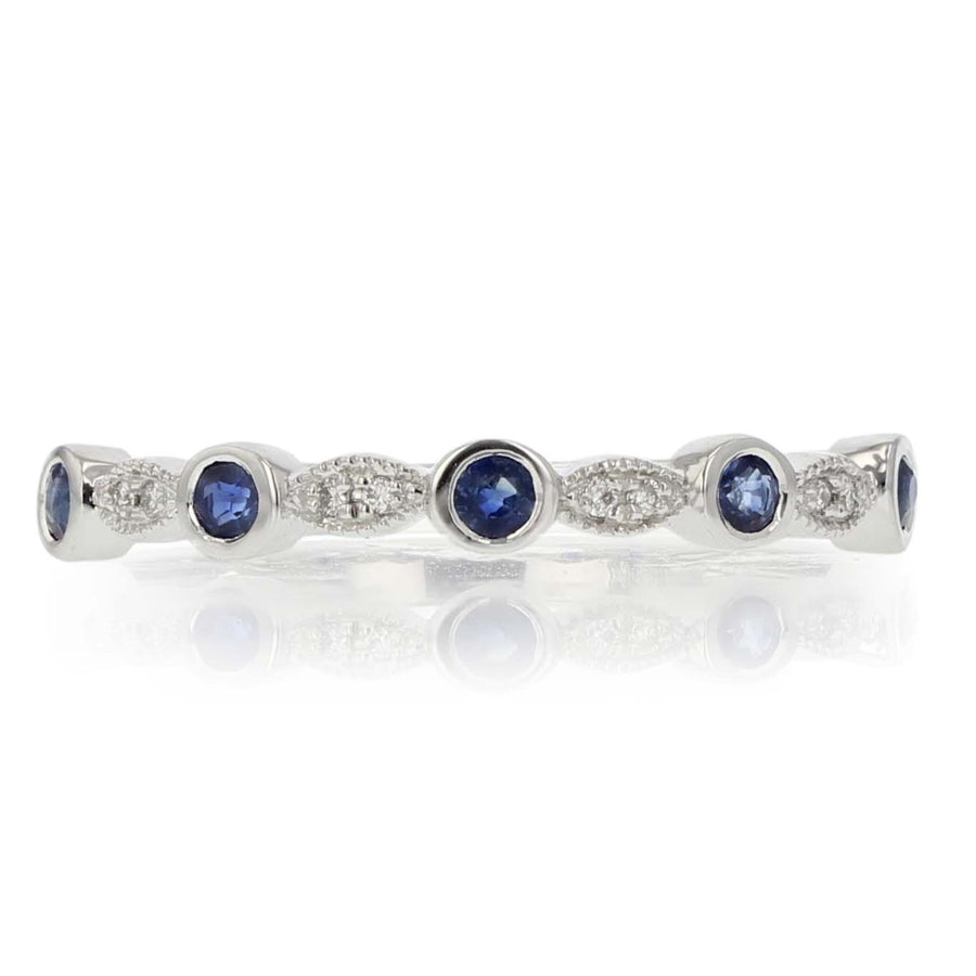 Round Blue Sapphire and Diamond 5-Tube Ring in 14K White Gold