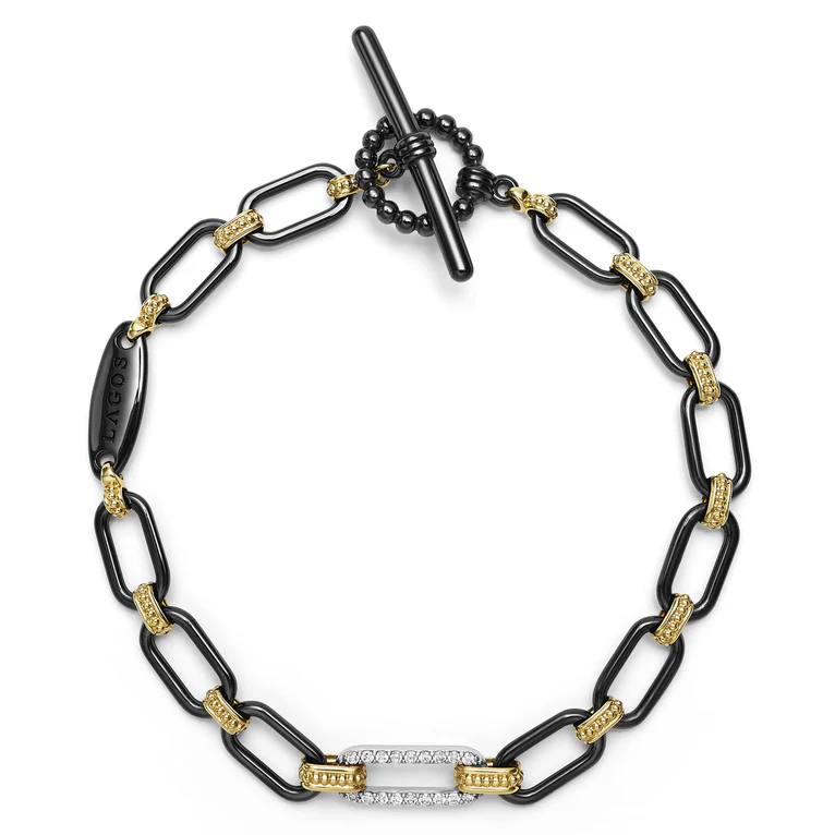 Signature Caviar 0.14ct Diamond Oval Link Bracelet in 18K Yellow and White Gold and Black Ceramic, size 6