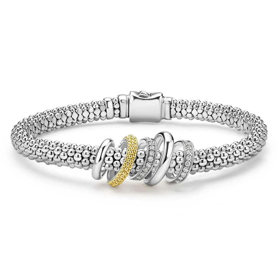 Caviar Lux 0.23ct Diamond 5 Ring Rope Bracelet in Sterling Silver and 18K Yellow Gold, size 7.5